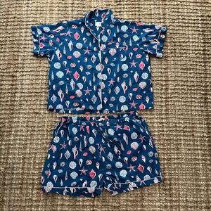 Printfresh Organic Cotton Seashell Pajama Set 4X Blue Lounge Set Short Sleeve